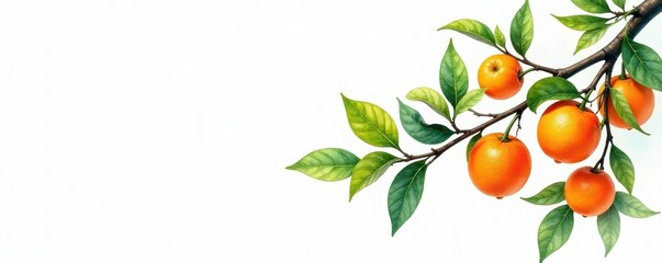 Watercolor oranges, lush branch, white background, healthy, vibrant