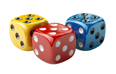 3 red, blue, and green dice spinning on a transparent background
