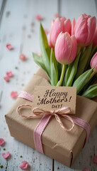 Elegant Mother's Day Design with Pink Tulips Bouquet Tied with Ribbon and Red Hearts on Soft Blush Background with Copy Space for Heartfelt Greetings.

