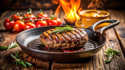 Juicy grilled burger sizzling in a hot frying pan with aromatic flavors and savory sauce, aroma, juicy,  aroma, juicy