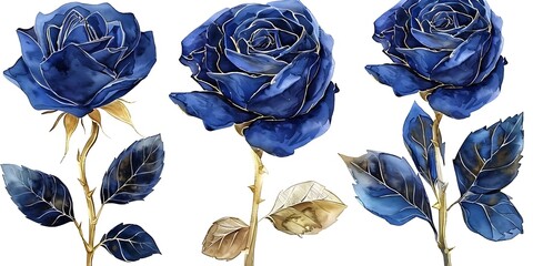 Set watercolor design elements of roses collection garden navy blue flowers, leaves, gold branches, Botanic illustration isolated on white background.
