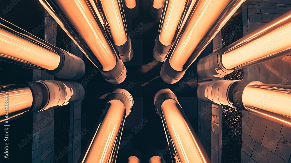 Poster captivating perspective of a tunnel adorned with lights creating a layered abstract light columns ef