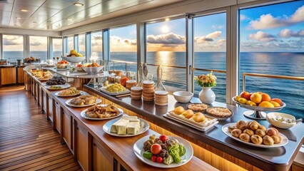 Gourmet breakfast spread on a high-end buffet table with an expansive ocean view from a luxury cruise ship's dining area, elegant, gourmet