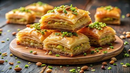 Fototapeta premium Traditional Lebanese dessert Baklawa made with layers of phyllo dough and filled with chopped nuts and honey , sweet pastry, phyllo dough layers