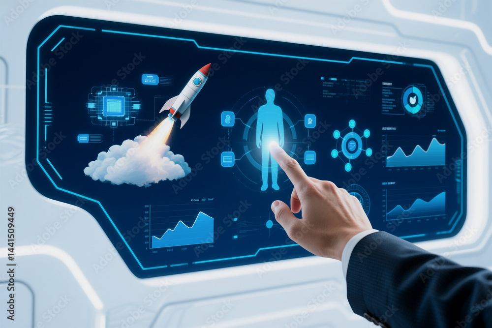 Poster hand interacting with futuristic cloud computing interface