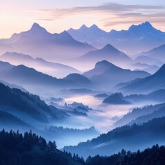 Misty mountain majesty, A tranquil alpine landscape at dawn or dusk