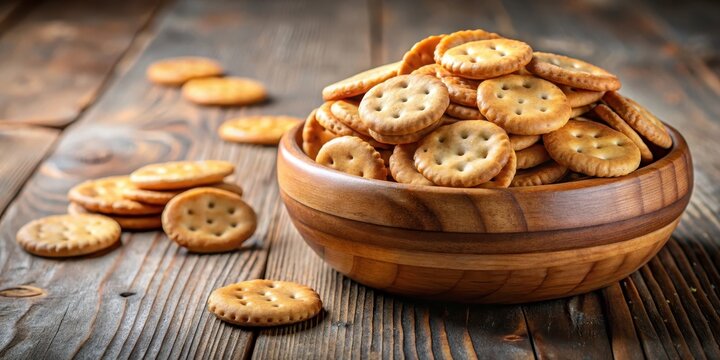 Crunchy round salted crackers scattered in a wooden bowl, showcasing their texture and flavor, with a rustic background , snack time