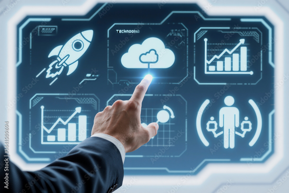 Poster hand interacting with futuristic cloud computing interface
