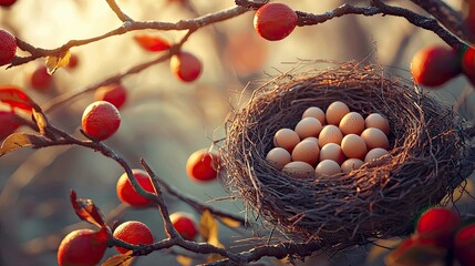 Bird's Nest with Eggs in Sunrise