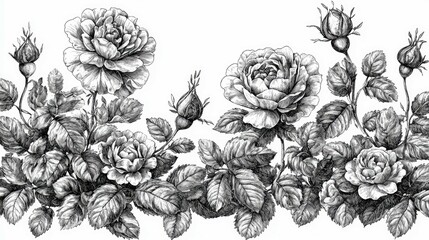 Black and White Rose Drawing: Botanical Illustration