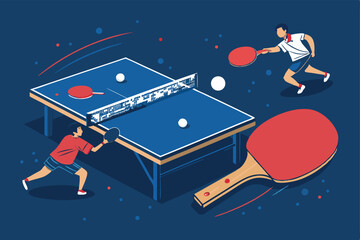 Dynamic action shot of a vibrant table tennis match in progress, showcasing intense rallies and bold, colorful clothing.