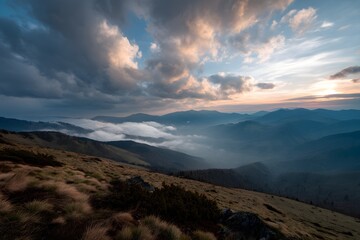 Obraz premium The Carpathians Rarau Mountains Romania landscape springtime clouds sunrise beautiful view