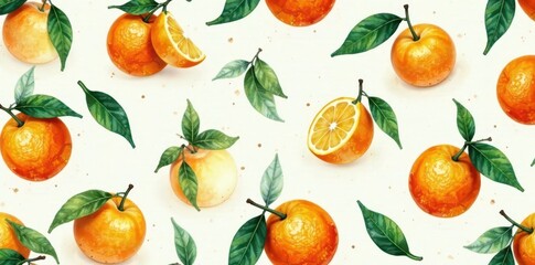 Watercolor oranges & leaves, seamless repeat pattern, food, texture