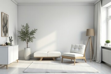 White grey Scandinavian studio, minimalist furniture, accessories, lighting