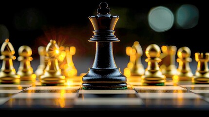 Black Queen Chess Piece on Golden Board