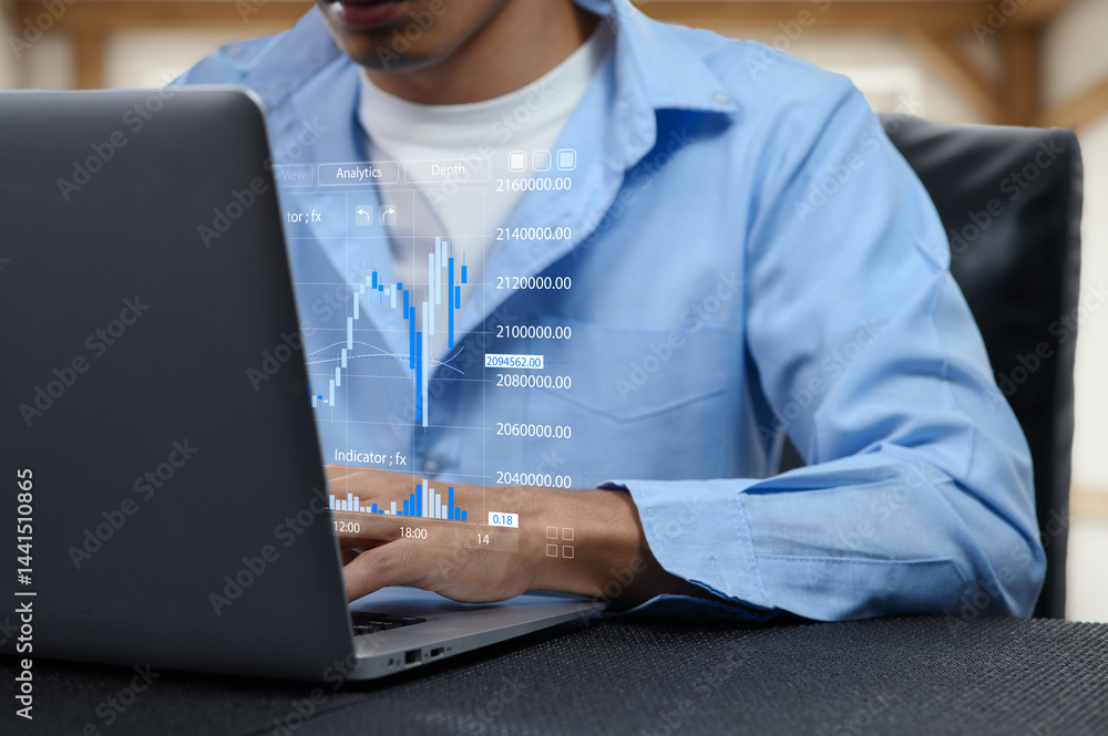 Poster analyzing various stocks with data visualization on laptop screen