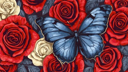 Blue Butterfly on Red Roses: A Romantic Floral Masterpiece