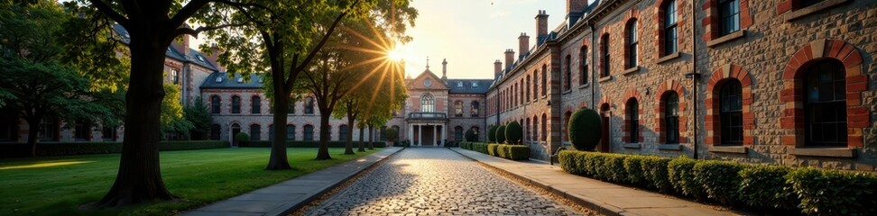 Fototapeta premium Historic Dublin campus cobblestone streets, Trinity College architecture , landmark, street