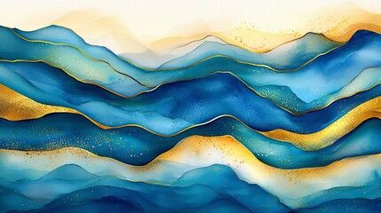 Blue Gold Abstract Landscape: Serene Watercolor Mountains