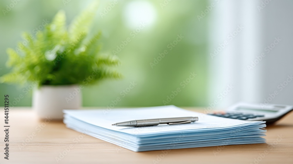 Poster clean image depicts modern office desk with minimalistic design elements where loan documents lie ne