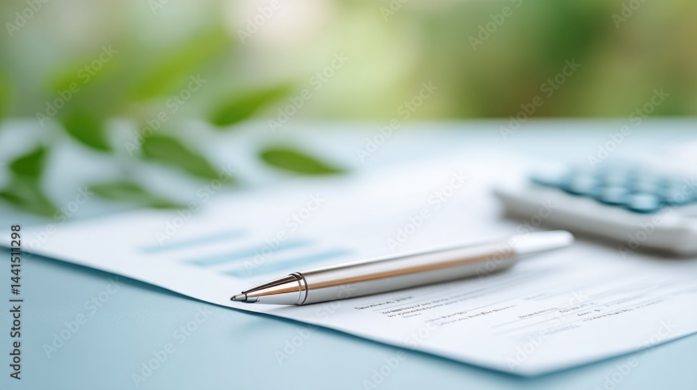 Poster clean image depicts modern office desk with minimalistic design elements where loan documents lie ne