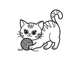 Obraz premium Adorable Cat with a Yarn Ball, Kids Coloring Page with Minimalist Line Drawings, Bold Black Lines, White Background, Cute Playful Kitten with a Ball of Yarn