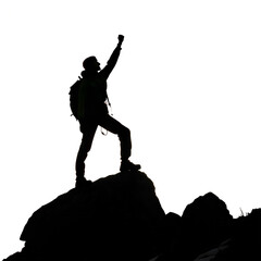 Silhouette of Triumphant Figure on Mountain Peak Victory Pose Black and White High Contrast

