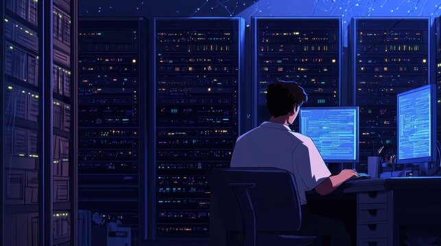 A solitary figure immersed in a nighttime server room.