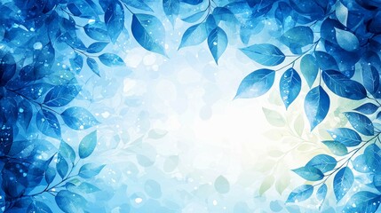 Blue Watercolor Leaves Background: Nature, Botanical, Floral