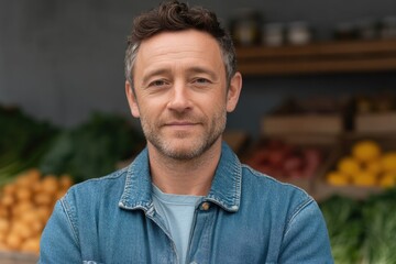 Fototapeta premium farmer stands confidently in their rustic store surrounded by fresh produce with blurred backdrop