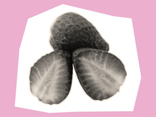 Strawberry in halftone style. Sweet summer berry for contemporary collage art design, cut out from paper, magazine, newspaper. Abstract pieces with strawberries for composition. Vector.