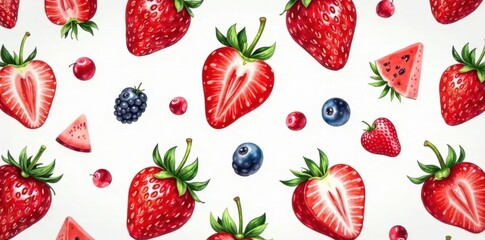 Vibrant watercolor fruit pattern Strawberries, halved strawberry, watermelon slices, berries , design, food