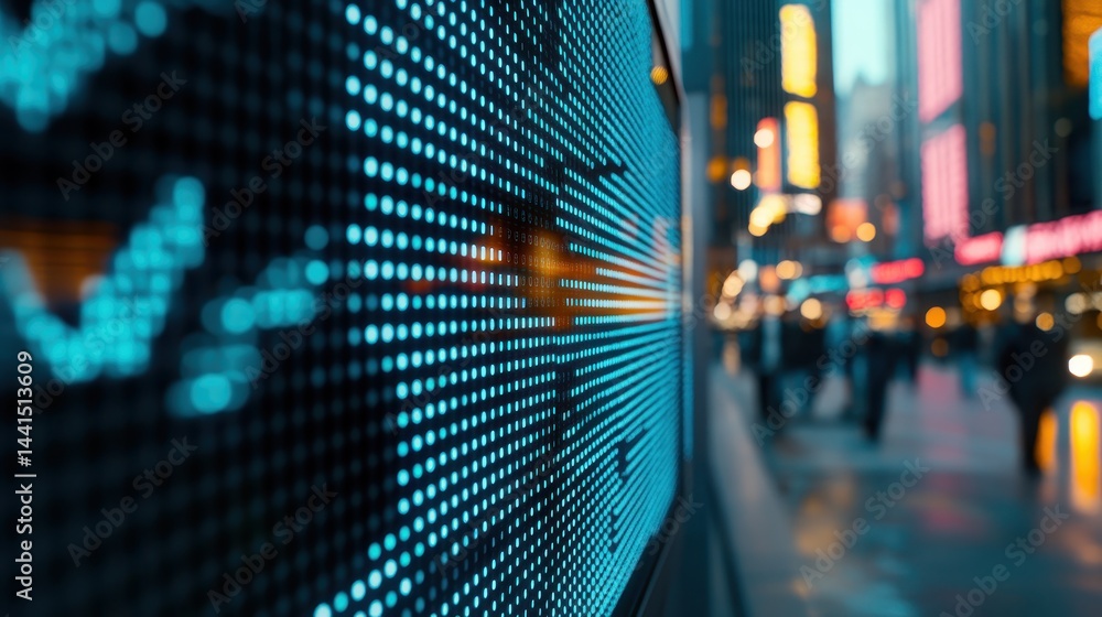 Poster close-up of a large digital display showing financial data in a bustling city.