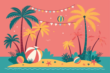 Vibrant solid pink themed tropical summer beach party scene.  Illustrate fun, lively atmosphere with people enjoying drinks and beach activities.