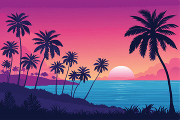 Create a vibrant vector illustration of a tropical beach sunset scene featuring silhouetted palm trees, showcasing a serene and warm ambiance.