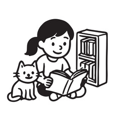 Hand Drawn Black and White Icon of Kids Reading Books