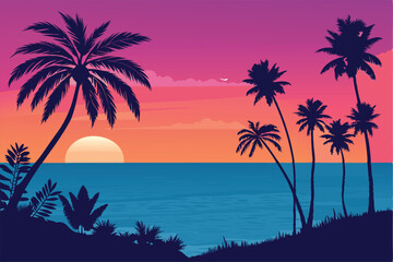 Create a vibrant vector illustration of a tropical beach sunset scene featuring silhouetted palm trees, emphasizing a warm color palette and detailed textures.