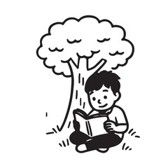 Hand Drawn Black and White Icon of Kids Reading Books