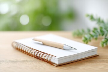 lone notebook and pen on clean wooden desk symbolize self-education simplicity and focus