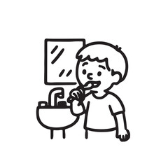 Hand Drawn Black and White Icon Set of Kids Getting Ready for School, brush your teeth