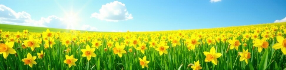 Fototapeta premium Golden daffodils carpet a sun-drenched green field, clear blue sky above, scenic, vibrant, sun