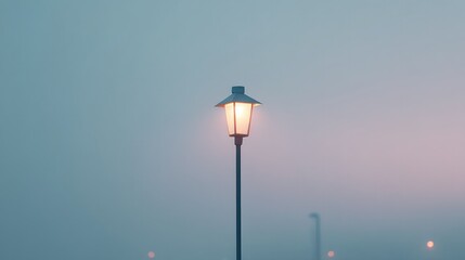 lone streetlamp casting hazy glow through thick fog merging into ambient mist with ample negative space