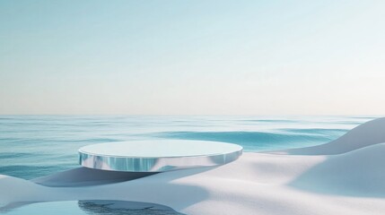 Coastal, serene, minimalist display podium on a tranquil ocean and snow-covered landscape