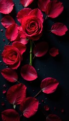 Intricate red and pink rose petals, black background, flower, black background, nature