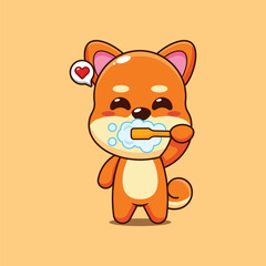 Cute shiba inu cartoon vector illustration brushing teeth