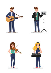 A simple and clean flat design illustration of four musician characters standing side by side on a plain white background. The style is colorful, modern, creative, and lively, with a minimalist.