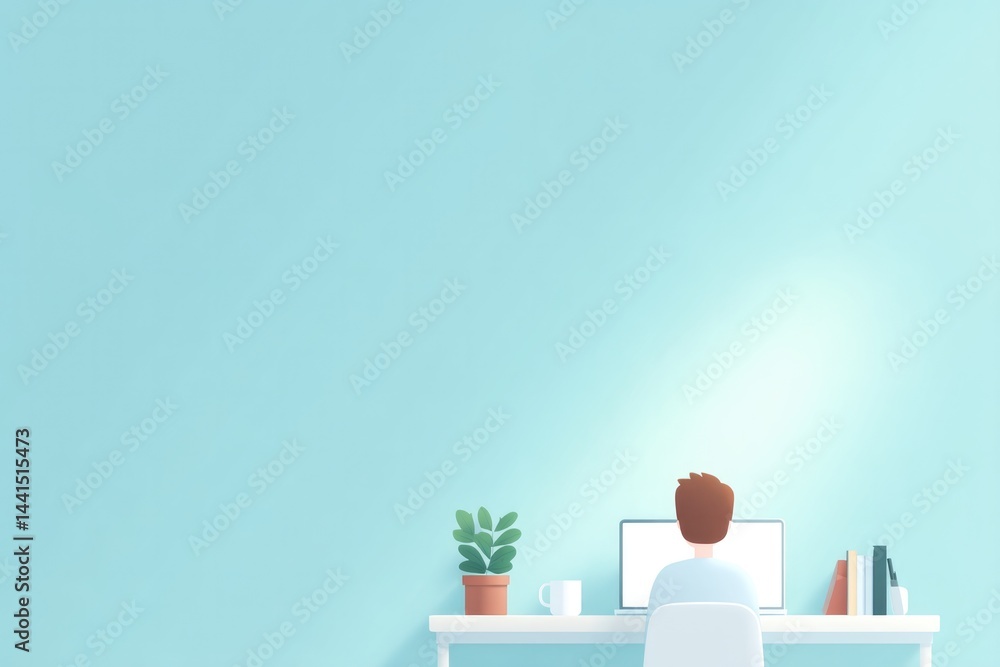 Poster minimalist image of person working remotely from clutter-free desk surrounded by ample copy space