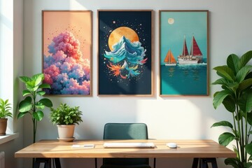 Motivational posters & lush green plants adorn a home office wall , posters, greenery, design