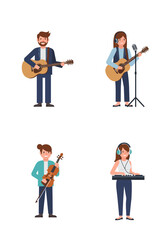 A simple and clean flat design illustration of four musician characters standing side by side on a plain white background. The style is colorful, modern, creative, and lively, with a minimalist.