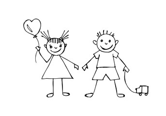 Childlike drawing of a girl and a boy playing together, vector cartoon.